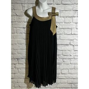 RB Collection Black Pleated Dress Size 10 • Gold Trim & Bow • Cocktail Formal